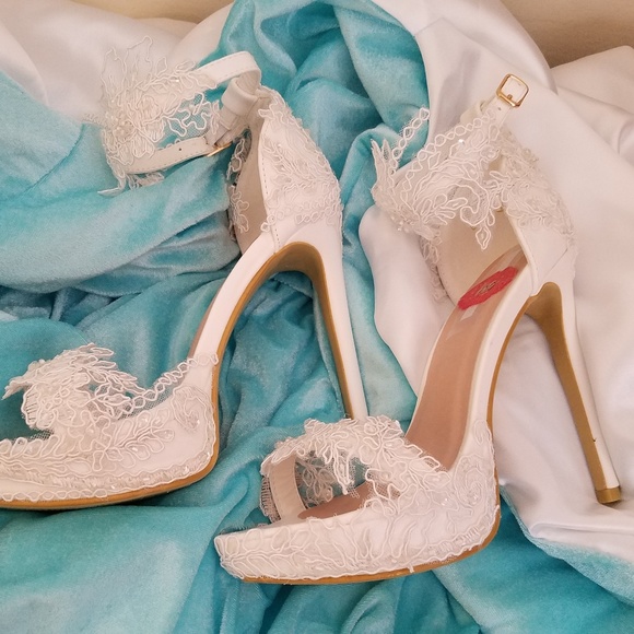 CUSTOM ORDER - White Embroidered Beaded Lace Heels - Picture 3 of 11